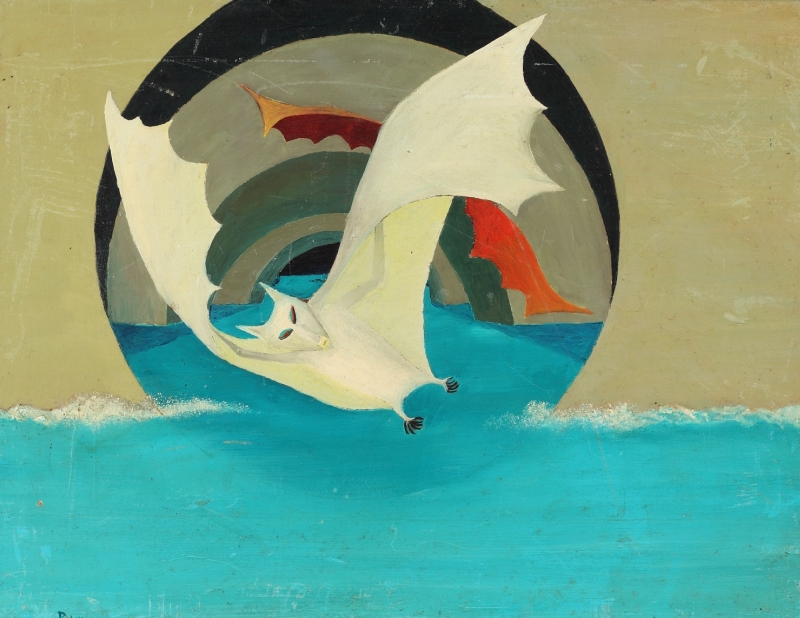 Michael Francis Podulke, Weiße Fledermaus, 1972, Öl auf Holz, Privatbesitz