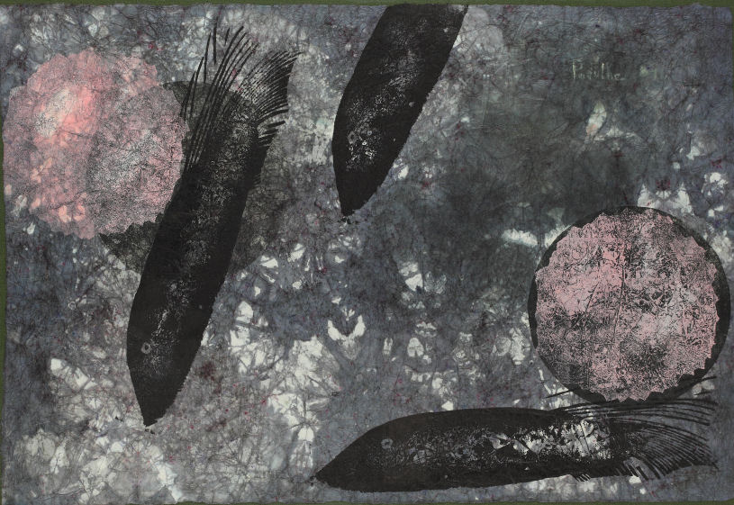 Michael Francis Podulke, Dying Fish, 1987, Farbholzdruck auf gefärbtem Japanpapier, Privatbesitz